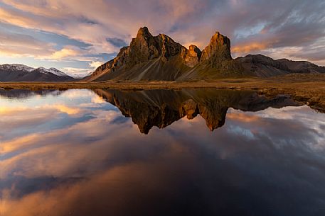 Eystrahorn mountain reflected on the water, south west of Iceland, Europe